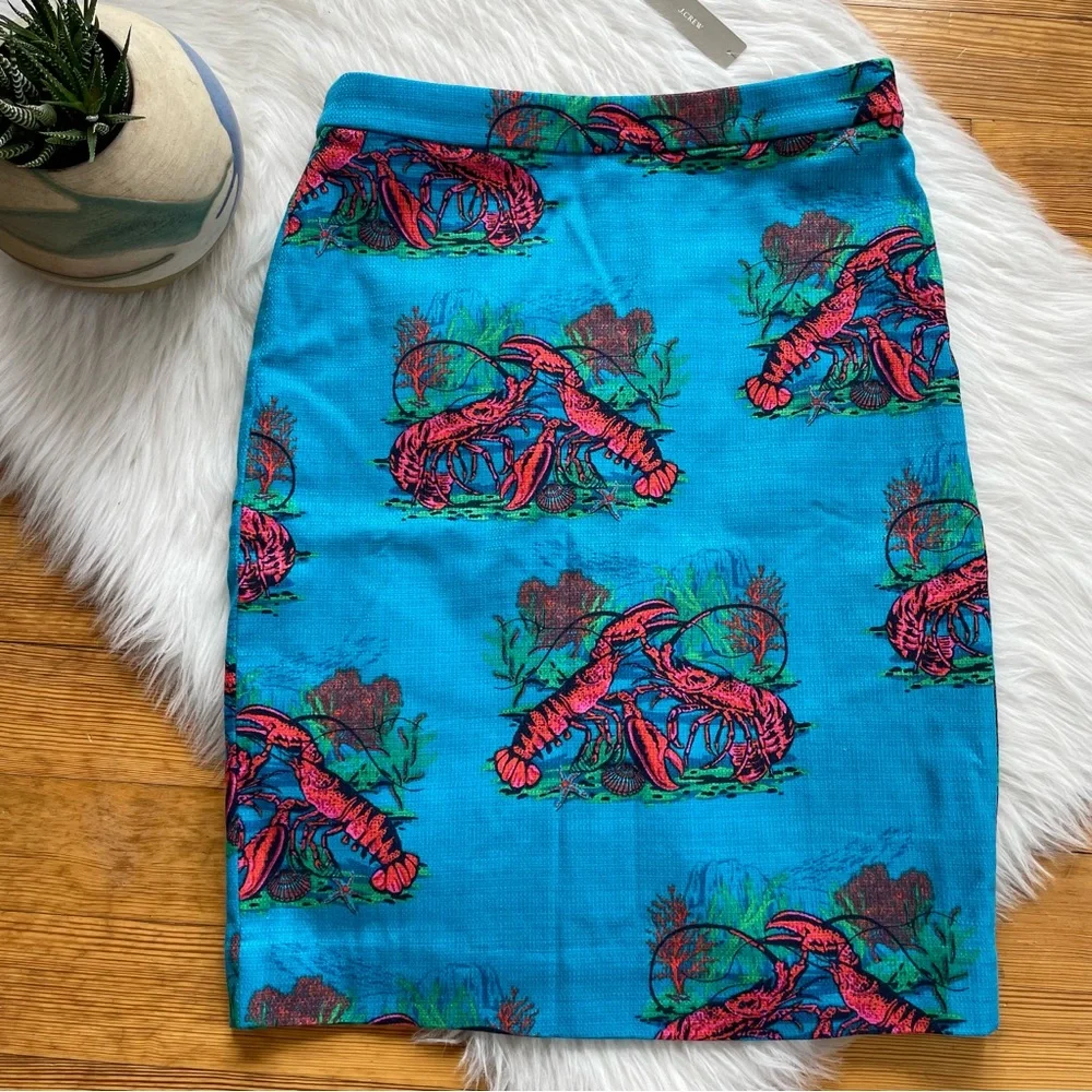 J. Crew Turquoise Blue Pencil Skirt with Coral Lobster Print